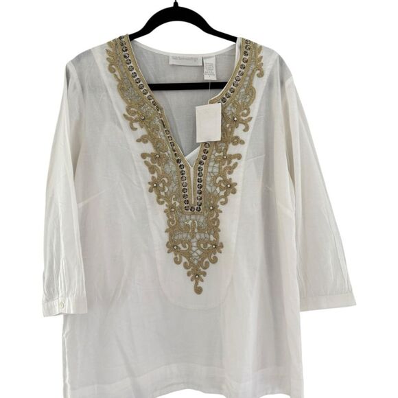 Soft Surroundings White and Gold Embellished Tunic 3/4 Sleeve with White Cami - Picture 1 of 5